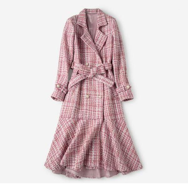 

2019 womens new fashion plaid coarse flowers fishtail pendulum coat autumn females double-breasted medium long woolen overcoats1, Black