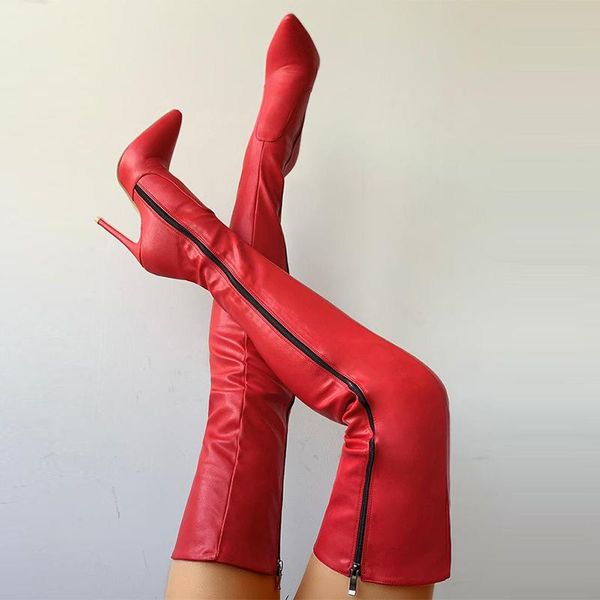 

boots fashion women high heels over the knee female thigh zipper ladies long boot 2021 winter red shoes, Black