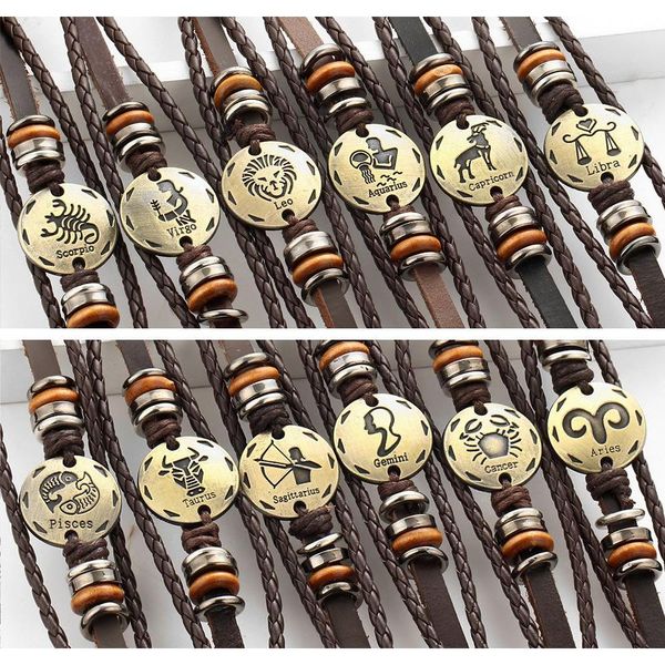 

twelve constellation zodiac retro brown multi layer buckle punk woven leather bracelet (12pcs/lots) jy7yy, Golden;silver