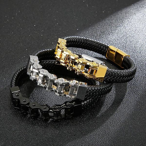 

link, chain haoyi stainless steel cowhide polygon bike charm bracelet punk style, Black