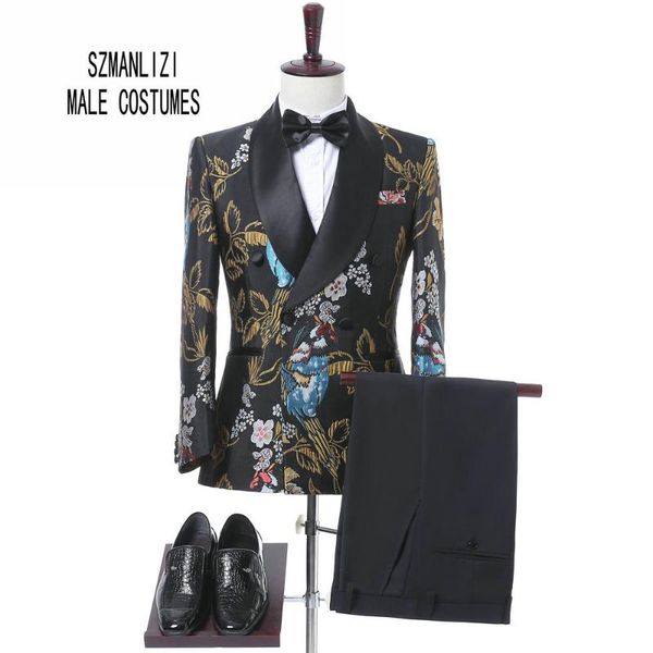 

2021 new elegant brand wedding mens suit flower double breasted suit for men slim fit groom tuxedo blazer costume homme mariage, White;black