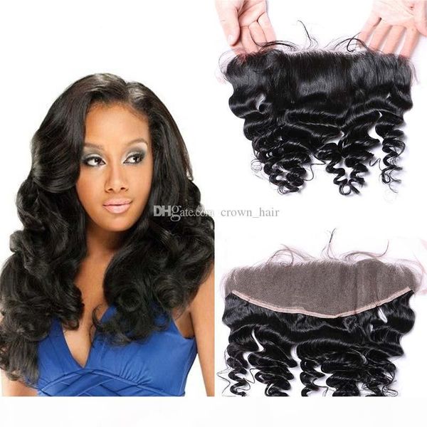 

brazilian loose wave middle three part 9a human hair ear to ear lace frontal closure 13x4" bleached knots with baby hair, Black;brown