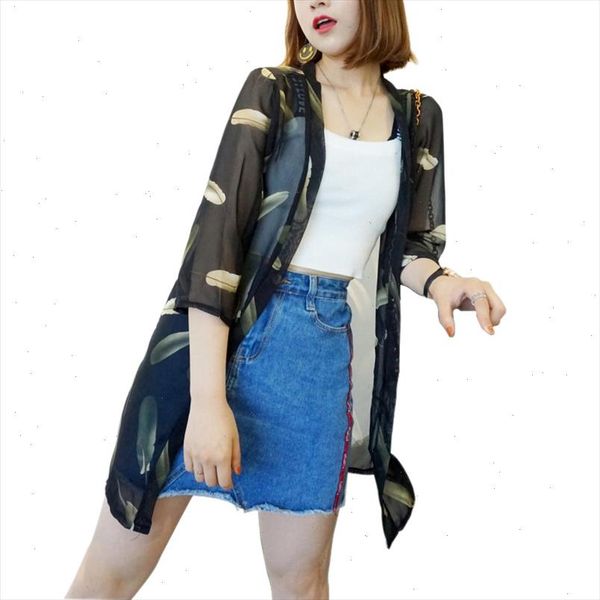 

summer womens cropped sleeve print long kimono cardigan chiffon blusas jacket casual loose sunblock shirt h5, White