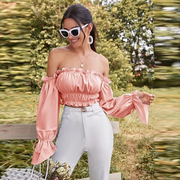 

breast wrapped autumn one neck lotus sleeve wave fold lace up women's top