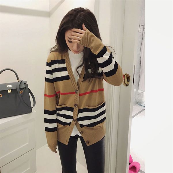 

autumn outfit new cashmere knitted cardigan female v-neck sweater coat loose striped color matching sweater 201029, White;black