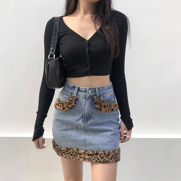 

skirts 2021 arrival summer style female fashion patchwork leopard high waists night club denim a-line, Black