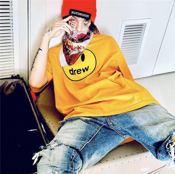 

hip hop 2020 summer justin bieber drew short sleeve justin bieber smiley t-shirt men women cotton couple tee, White