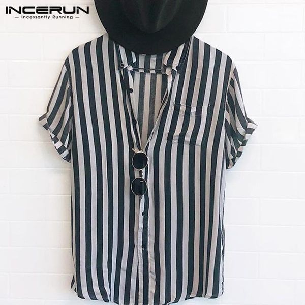 

incerun fashion striped men shirt lapel neck button streetwear casual brand shirts men hip-hop short sleeve camisa 2019 5xl1, White;black