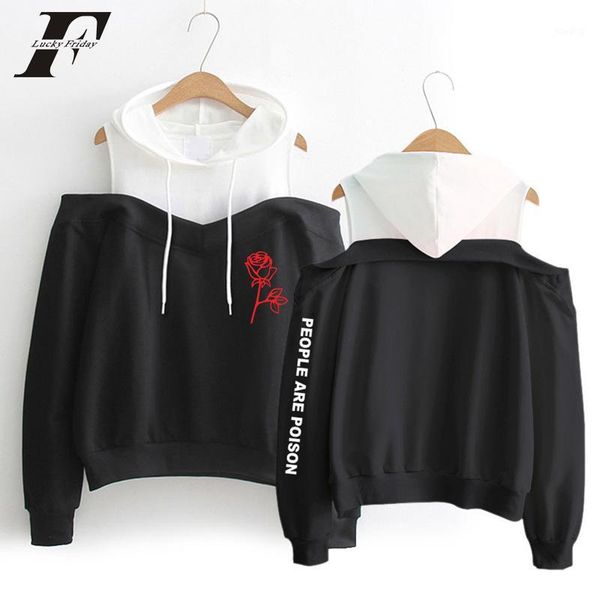 

harajuku hoodies rose hoodies women off-shoulder people are poison rose print sweatshirt hip hop fans hoodie1, Black