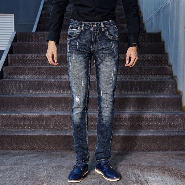 

2021 new italian style fashion men retro black white wash slim fit ripped jeans elastic vintage designer long pants ae6y, Blue