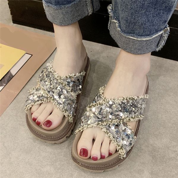 

women slipper outside leisure plus size home slippers para women fashion bling flat casual beach walk shoes slippers #5, Black