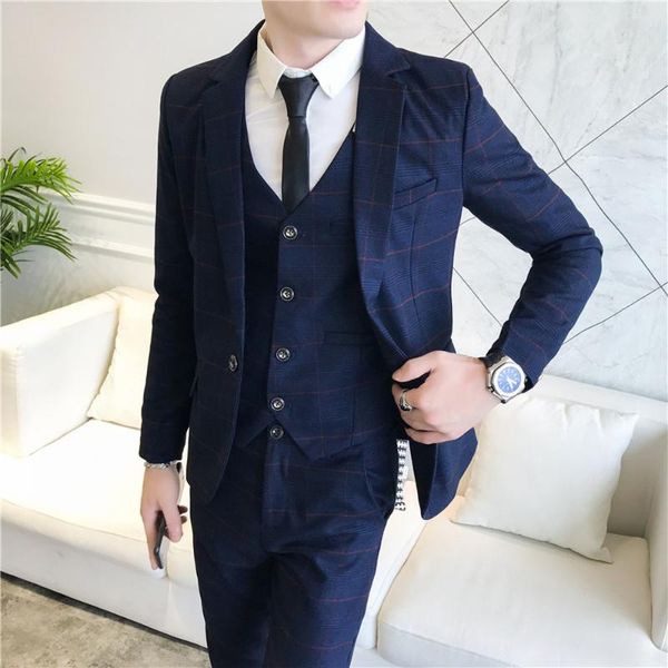 

men's suits & blazers men youth plaid small suit pants vest male groom wedding jacket dress groomsman three piece set professional coat, White;black