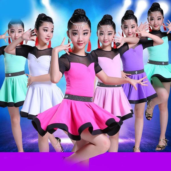 

girls latin dance ballet practice clothing children's costume short-sleeved conjoined competition examination dance skirt1, Black;red