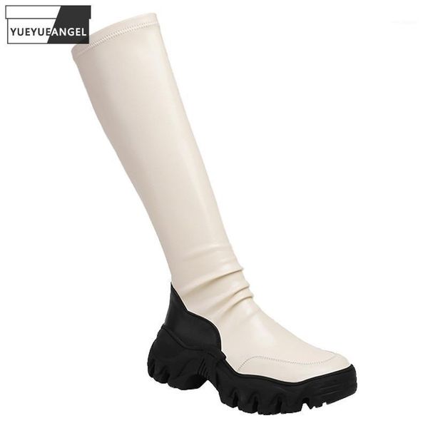 

fashion pleated knee high platform boots women slip-on elastic motorcycle biker boots genuine leather shoes ladies knights1, Black