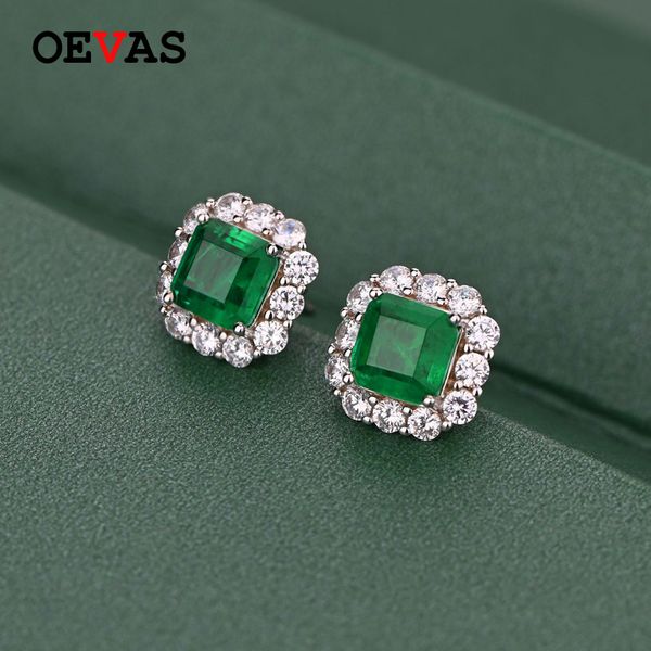 

100% 925 sterling sliver 7*7mm synthetic emerald wedding stud earrings sparkling high carbon diamond party fine jewelry, Golden
