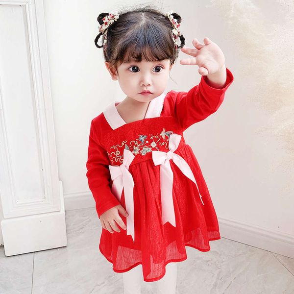 

hanfu new 2021 girls' spring cheongsam princs drs chine sle idea2110, Red;yellow