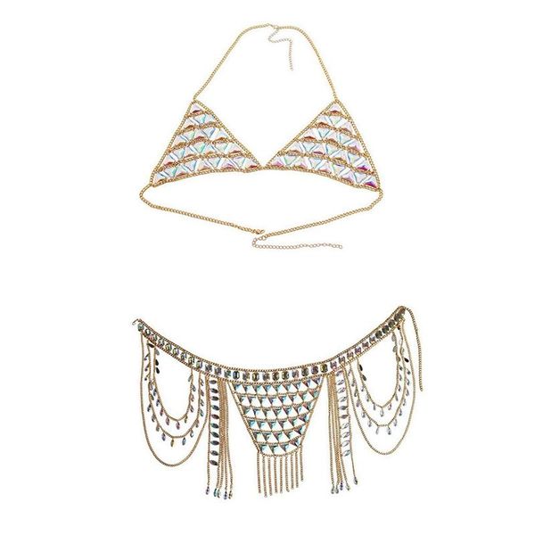 

trendy seaside beach appeal accessories shiny jewelry bra body chain and waist chain as a body suit, Black;brown