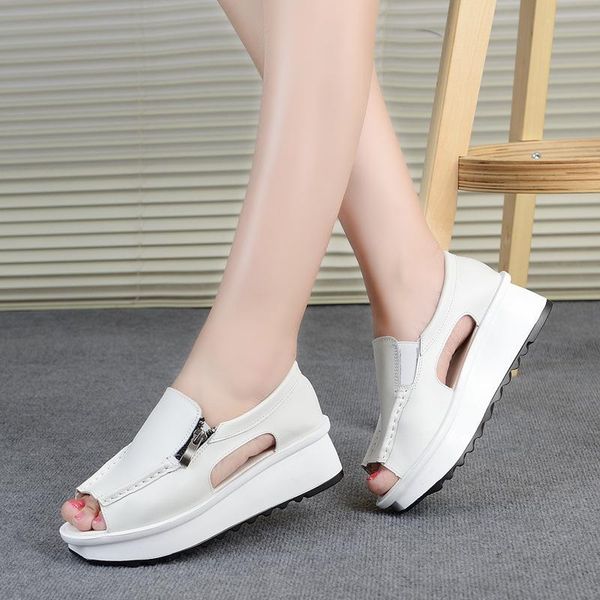 

2020 summer new casual female sandals wedge with open toe round head zipper fish mouth muffin platform sandals, Black
