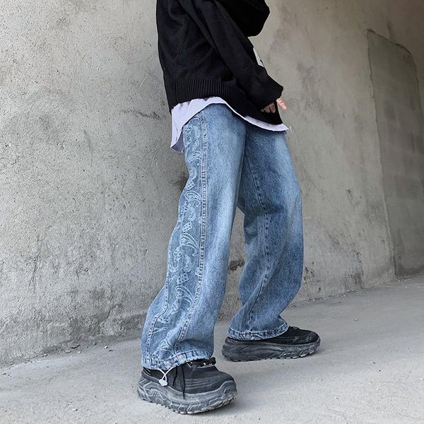 

men's jeans men high street loose american vintage elastic waist straight pants cashew flower hip hop wide legs joggers, Blue