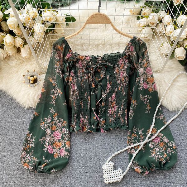 

2021 new singiny feminine chiffon floral printing spring turtleneck square puff short rope ruched sweaters lz0g, White
