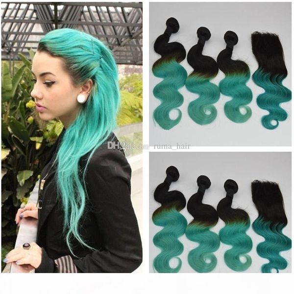

virgin peruvian ombre green human hair body wave 3bundles with closure 4pcs lot two tone 1b green ombre 4x4 lace closure with weaves, Black;brown
