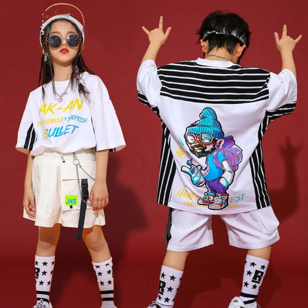 

child hip hop costume boys girls jazz dancing crop short sleeve white performance outfit steet wear kids casual clothing 873, Black;red