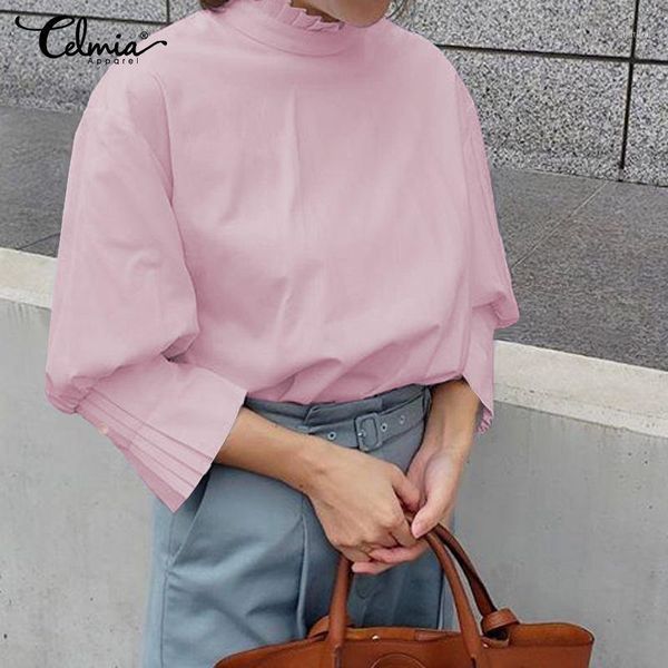 

women's blouses & shirts celmia fashion blouse 2021 women long sleeve stand collar casual solid vintage loose work blusas plus size fe, White