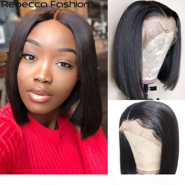 

rebecca short bob 13x4 brazilian straight lace front human wig for black women pre-plucked with baby hair, Black;brown
