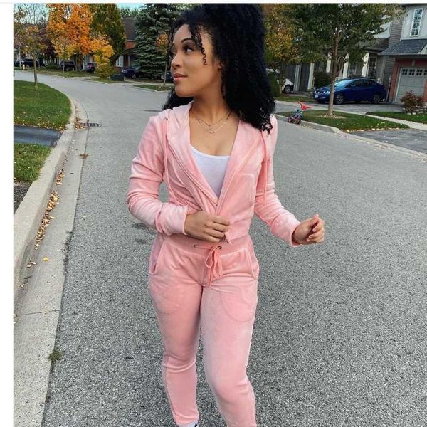 

running sets women's pink velvet sports suit 2-piece outdoor warm clothing hooded zipper elastic drawstring pants1, Black;blue