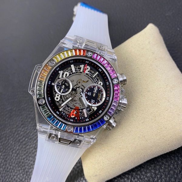 

ta factory automatic machinery 1242 multi-function timepiece movement watch through 45mm sapphire glass rubber watchband rainbow drill ring, Slivery;brown