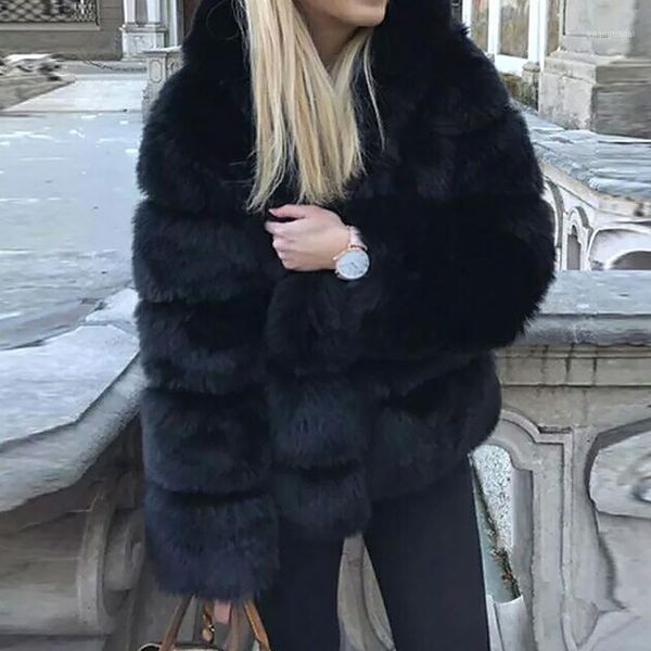 

fashion hooded faux fur coat women winter warm thick fur jacket female fluffy plush solid color soft teddy outerwear overcoat1, Black