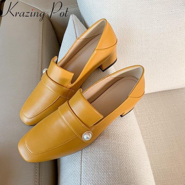 

krazing pot comfortable genuine leather pearl med heels women pumps elegant dating loafers vacation dress lazy spring shoes l701, Black