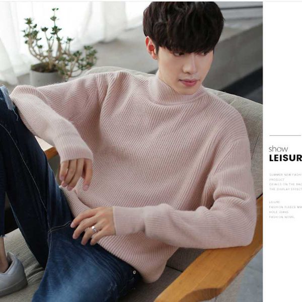 

autumn winter new style warm sweater fashion men's loose half high neck pullover casual long-sleeved solid color knitted, White;black