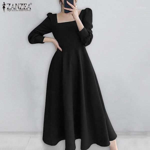 

womens 2021 fashion midi dress female elegant square collar dresses party holiday solid kaftan zanzea spring autumn vestidos 5xl1, Black;gray