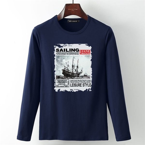 

men long sleeve t-shirts clothes autumn young fashion sailboat printing t shirt men casual cotton tshirts male camiseta 201203, White;black