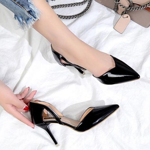 

dress shoes mhyons rivets shiny/patent leather high heels nude pointed toe pumps party women stiletto heel pump1, Black