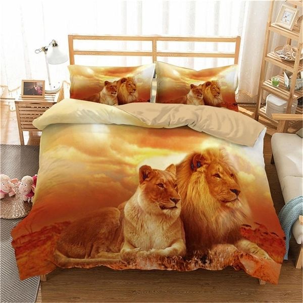 BONIU 3D Leão e Tiger Bedding Set Home Têxteis Animais Duveta Cobertura Microfiber Bedlochees Sala de Living Decor Bedspread 201021