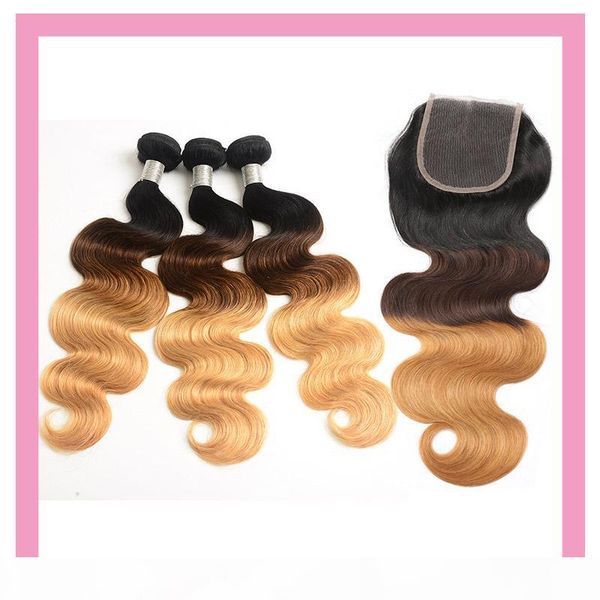 

malaysian human hair 1b 4 27 ombre hair bundles with 4x4 lace closure with baby hair 1b 4 27 body wave 10-28inch, Black;brown