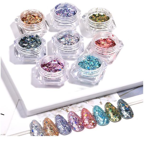 

1 box blue shining chrome glitter flakes sparkly 3d hexagon colorful sequins spangles polish manicuring nails art dec jllhxy, Silver;gold