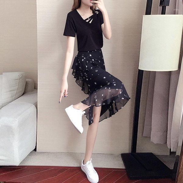 

2020 new summer ladies suit ladies fashion blouse + high waist floral printed chiffon skirt two pieces set z1991, White