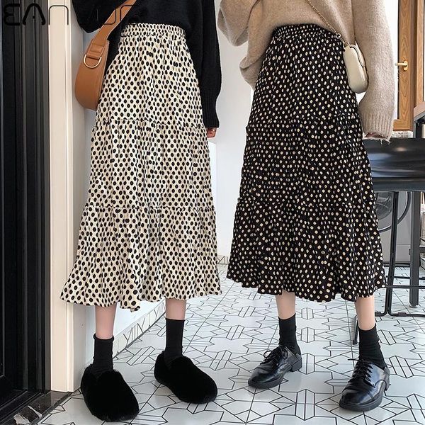 

women ladies vintage polka dot high waist stretch casual long pleated midi skirt spring summer basic long retro skirt, Black