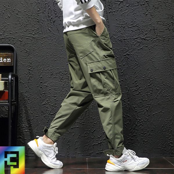 

ins men's trendy leggings multi pocket harlan small foot functional hip hop overalls casual pants k82, Black