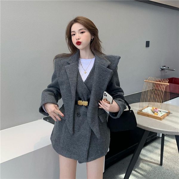 

women's tracksuits office lady winter coat with vest two pieces woolen deep v-neck double breast women set, Gray