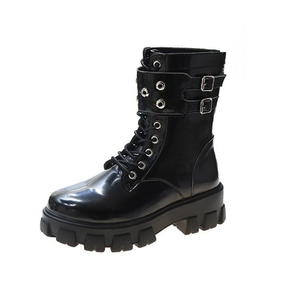 

2021 the new leather crooked platform women punk style metal fixed motorcycle winter mujer boots t0h4, Black