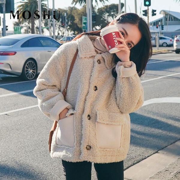 

women's fur & faux teddy coat woman lapel coats long sleeve fluffy fake jackets winter thick warm female pockets plus size overcoat, Black