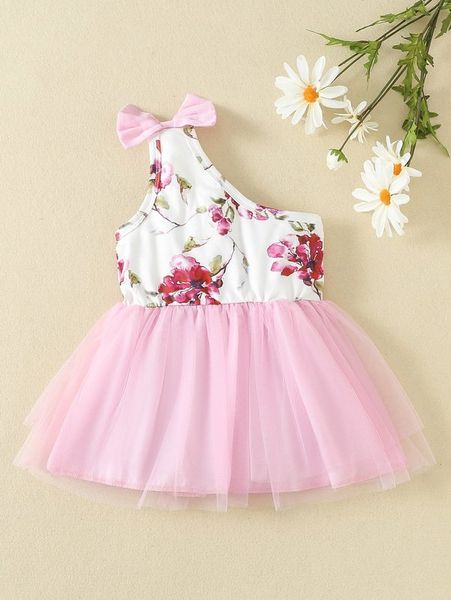 

baby floral print bow detail one shoulder mesh overlay dress she, Red;yellow