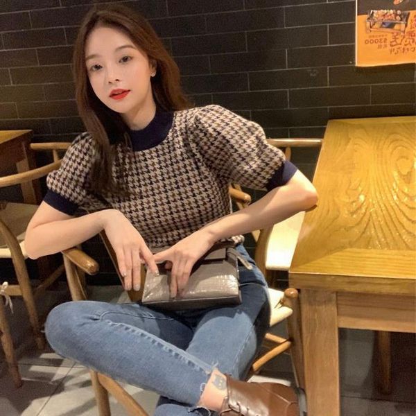 

spring puff sleeve knitted t shirt women short style pattern print kawaii tee shirt femme chemise camiseta feminina, White