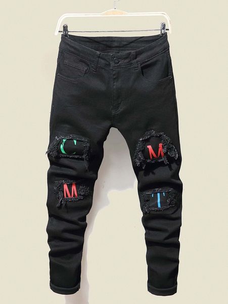 

men rag stitching letter graphic frayed jeans w06y#, Blue