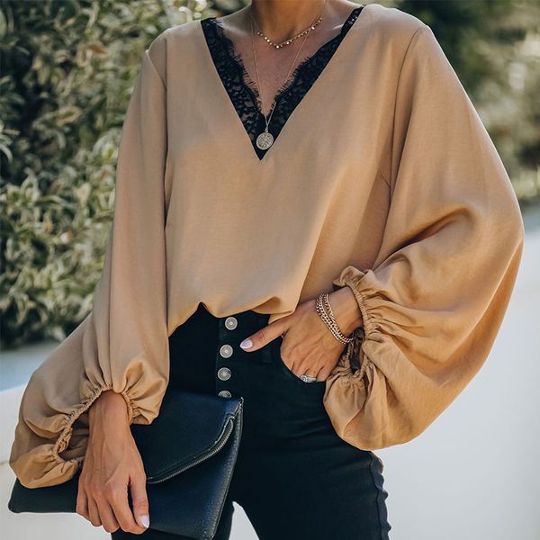 

ins shiying spring and autumn chiffon shirt womens european and american neckline lace lantern sleeve v-neck shirt womens chic, White