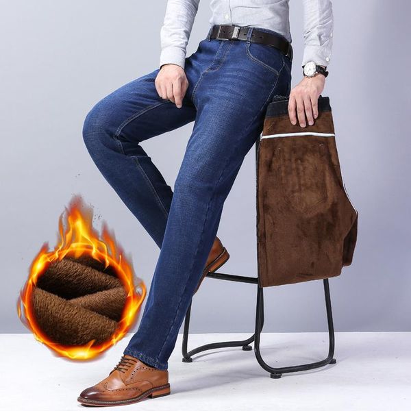 

men's jeans men winter fashion casual fleece warm pants solid color straight full length plussize trousers blue